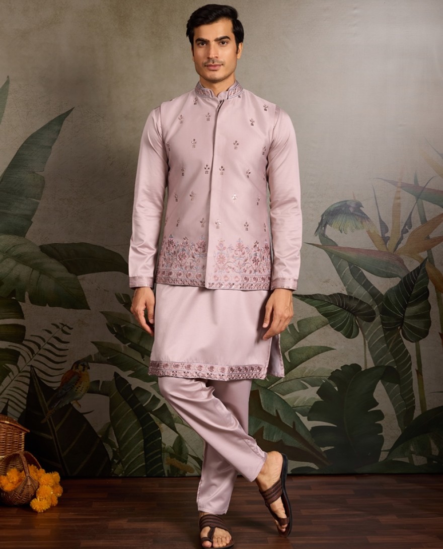 61102-PINK - Dusty Pink Embroidered Kurta Set for Men
